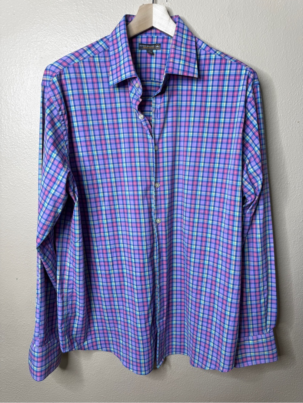 Peter Millar Mens XL Summer Comfort Button Up Shirt Multicolor Plaid Stretch
